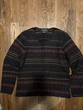 Eddie Bauer Black Multi-Pattern Crewneck Sweater with Brown & Burgundy Accents